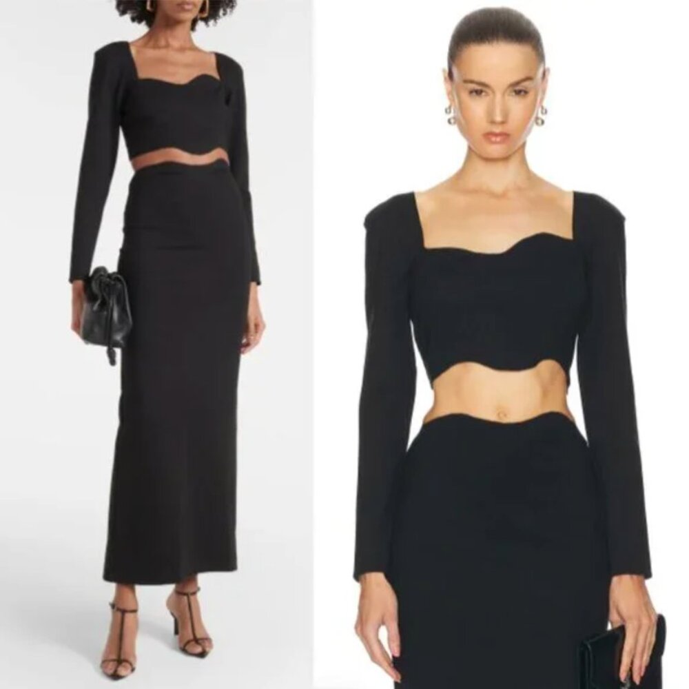 NWT STAUD Corde Top in Black Scalloped Cropped Ponte Stretch Size S